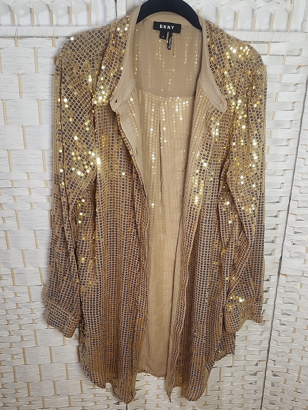 DKNY- Gold Sequin Long Sleeve Button Up